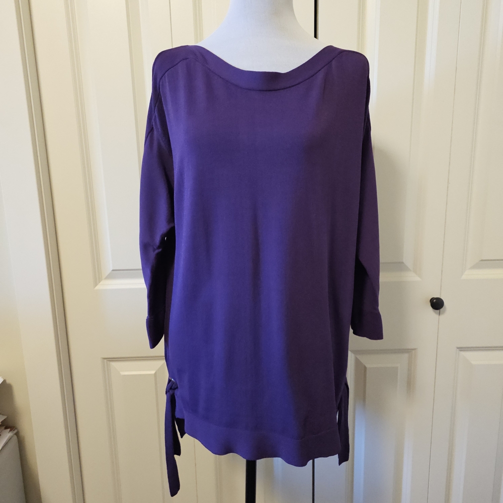 Cleo PETITES sweater Purple Tunic Top Side Ties 3/4 Sleeve Sz L Petite